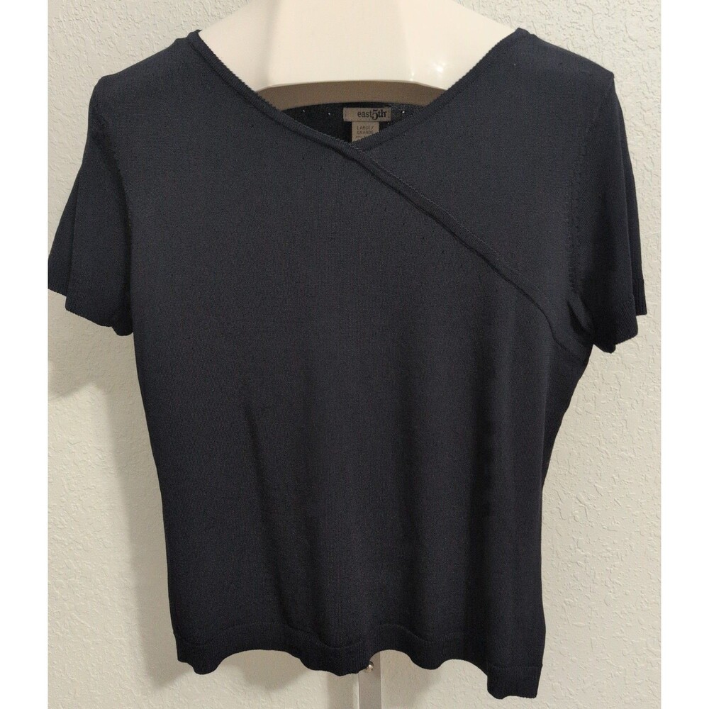 East 5th Large Womens Short Sleeve Navy Blue Faux-Wrap Sweater Top Picot Trim